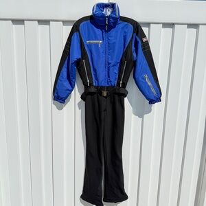 Vintage 80s 90s NILS Sport Skiwear One Piece Ski Snowsuit Blue & Black Womens 4